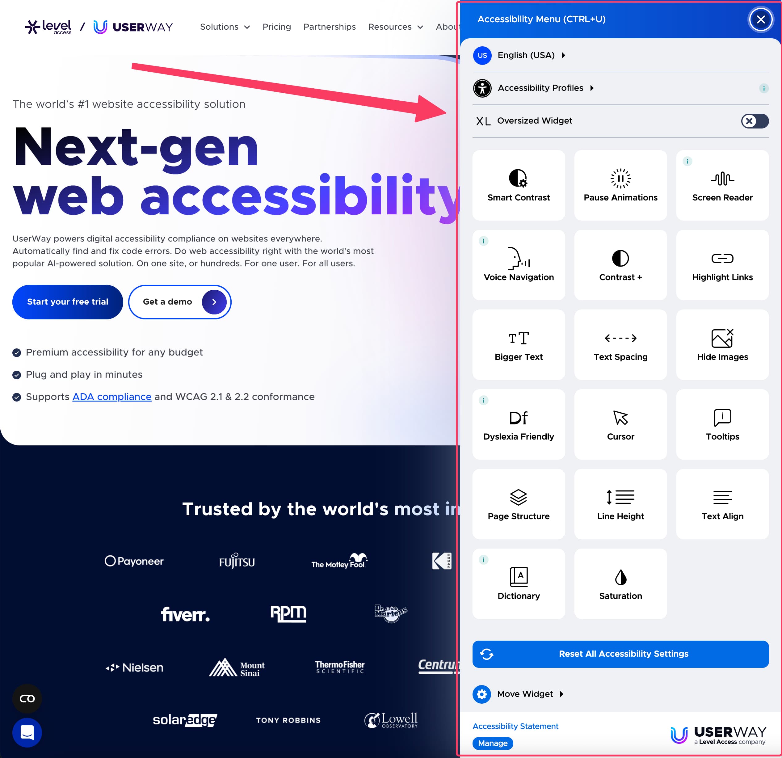 Screenshot der Website von UserWay mit dem Accessibility Widget rechts im Bild im geöffneten Zustand.
