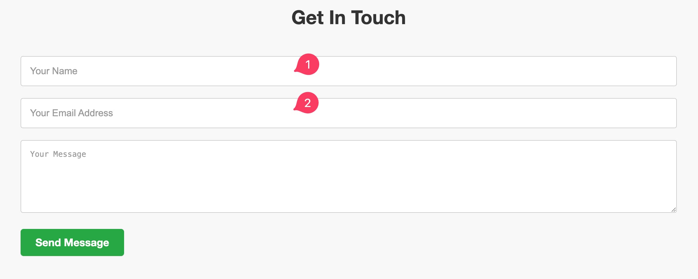 Screenshot der Website mit numerierten Eingabefeldern im Kontaktformular ohne Autocomplete-Attribute.