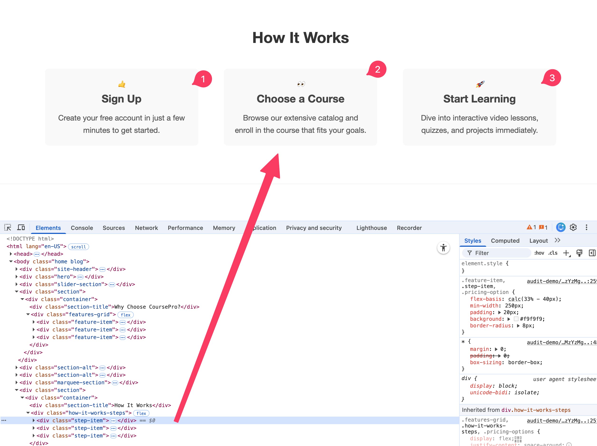 Screenshot der Website mit geöffneten Chrome DevTools, die Karteikarten ohne semantische Auszeichnung zeigen.