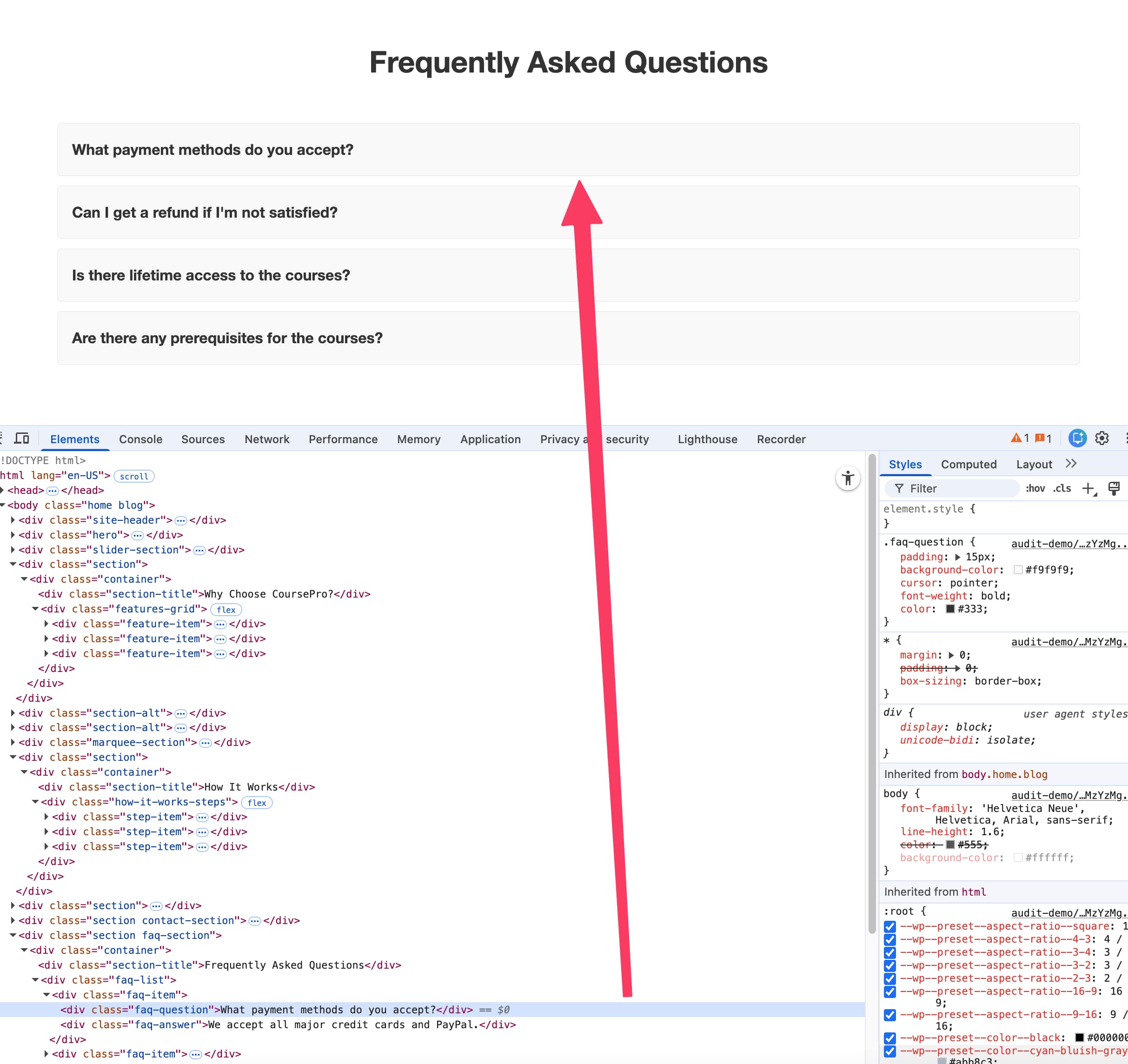 Screenshot der Website mit geöffneten Chrome DevTools, die das FAQ-Akkordeon ohne semantische Auszeichnung zeigen.