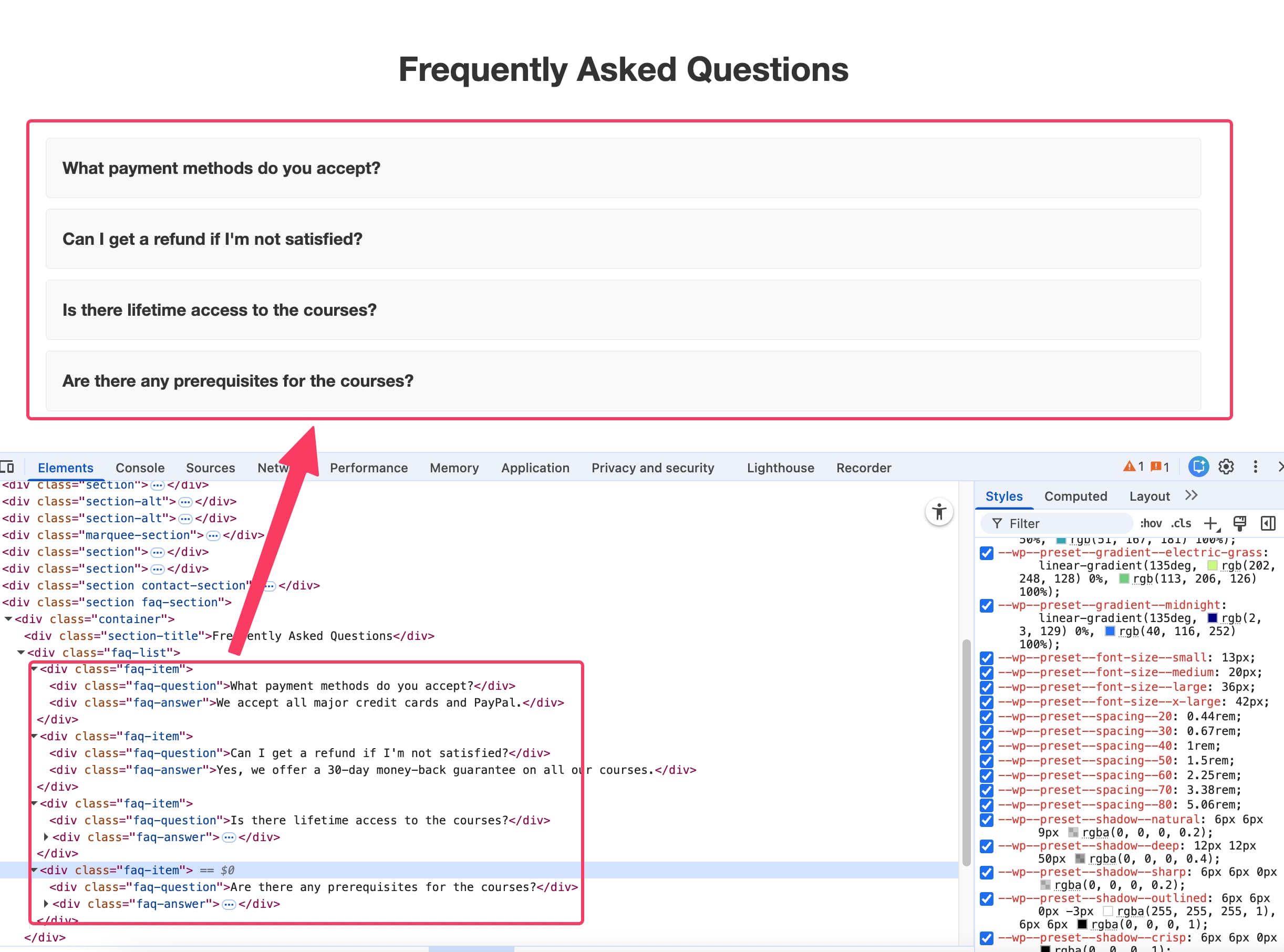 Screenshot der Website mit geöffneten Chrome DevTools, die das FAQ-Akkordeon ohne semantische Auszeichnung zeigen.