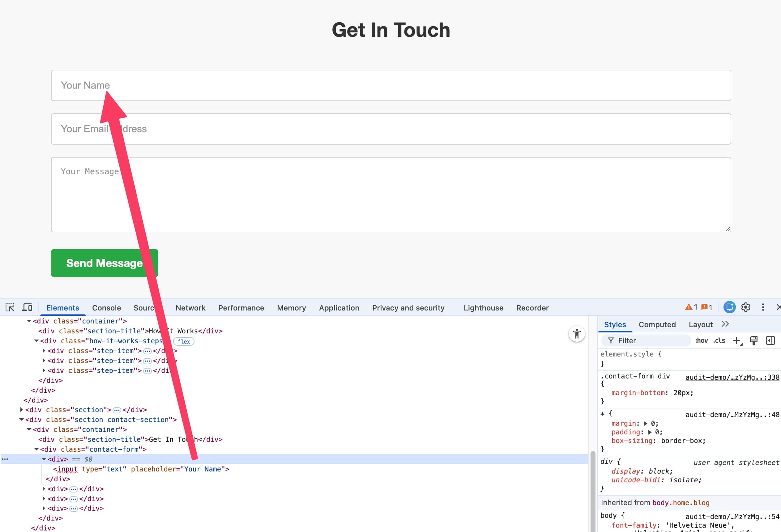 Screenshot der Website mit geöffneten Chrome DevTools, die das Kontaktformular ohne Labels für Eingabefelder zeigen.