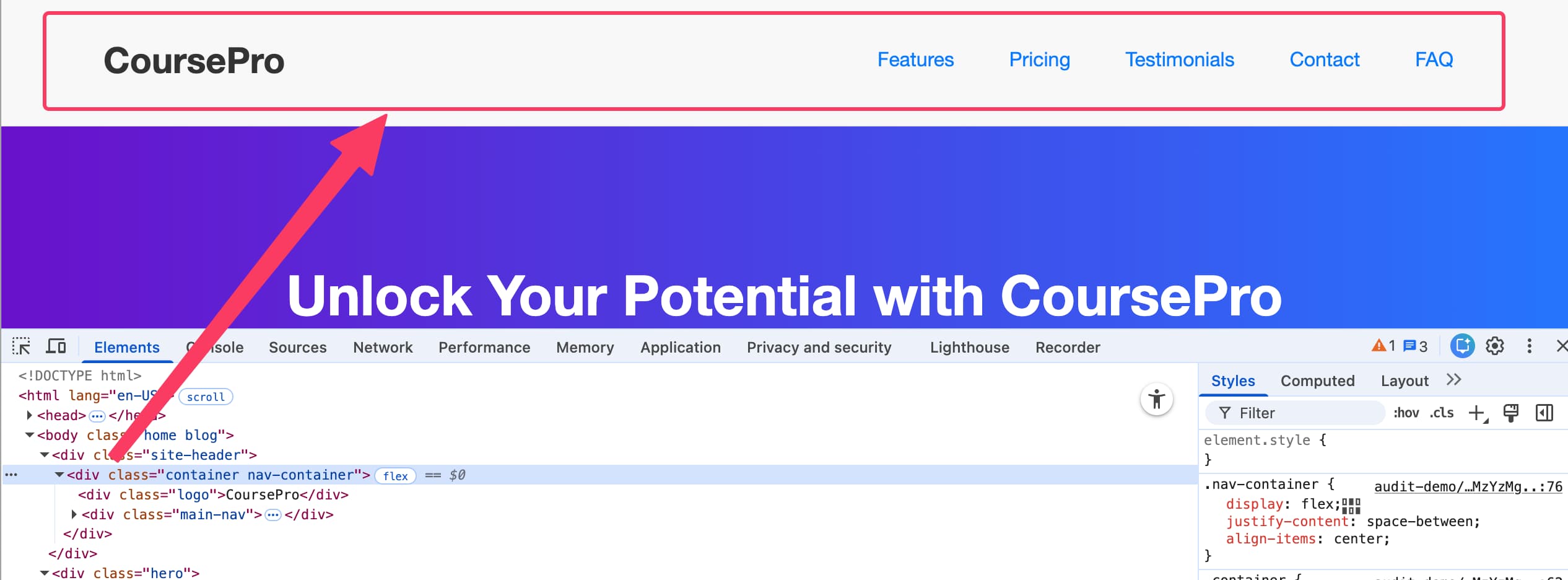 Screenshot der Website mit geöffneten Chrome DevTools, die den Header-Bereich ohne semantische Auszeichnung zeigen.