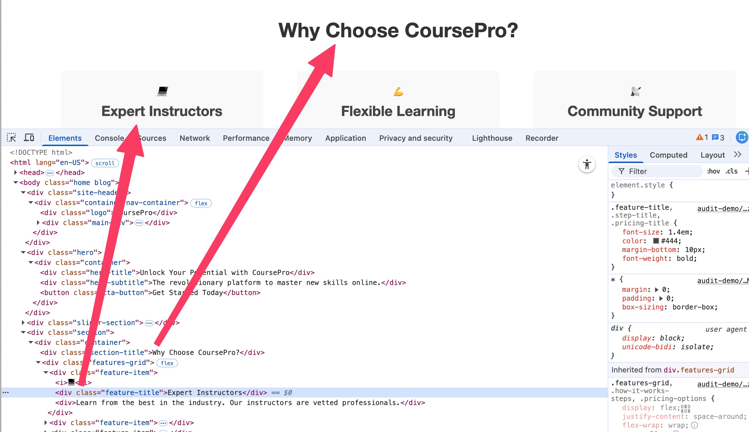 Screenshot der Website mit geöffneten Chrome DevTools, die Überschriften ohne semantische Auszeichnung zeigen.