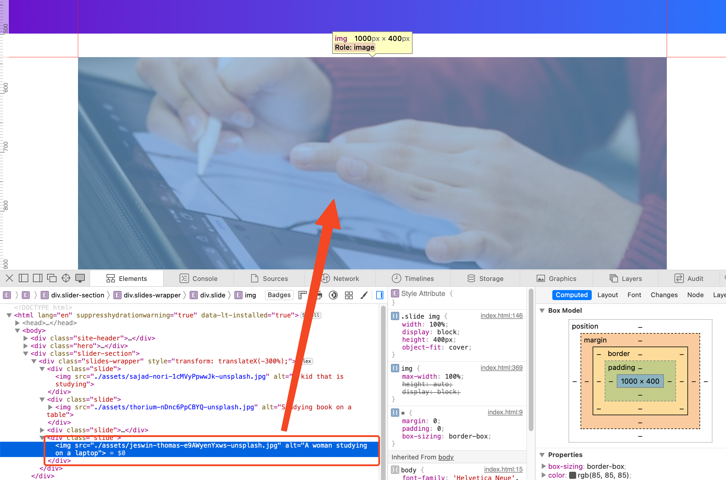 Screenshot der Website mit geöffneten Chrome DevTools, die ein dekoratives Bild im Slider-Bereich zeigen.