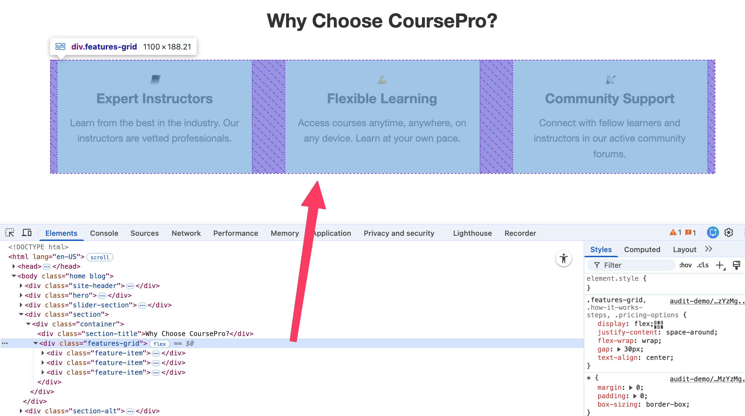 Screenshot der Website mit geöffneten Chrome DevTools, die die Hauptnavigation ohne semantische Listenstruktur zeigen.