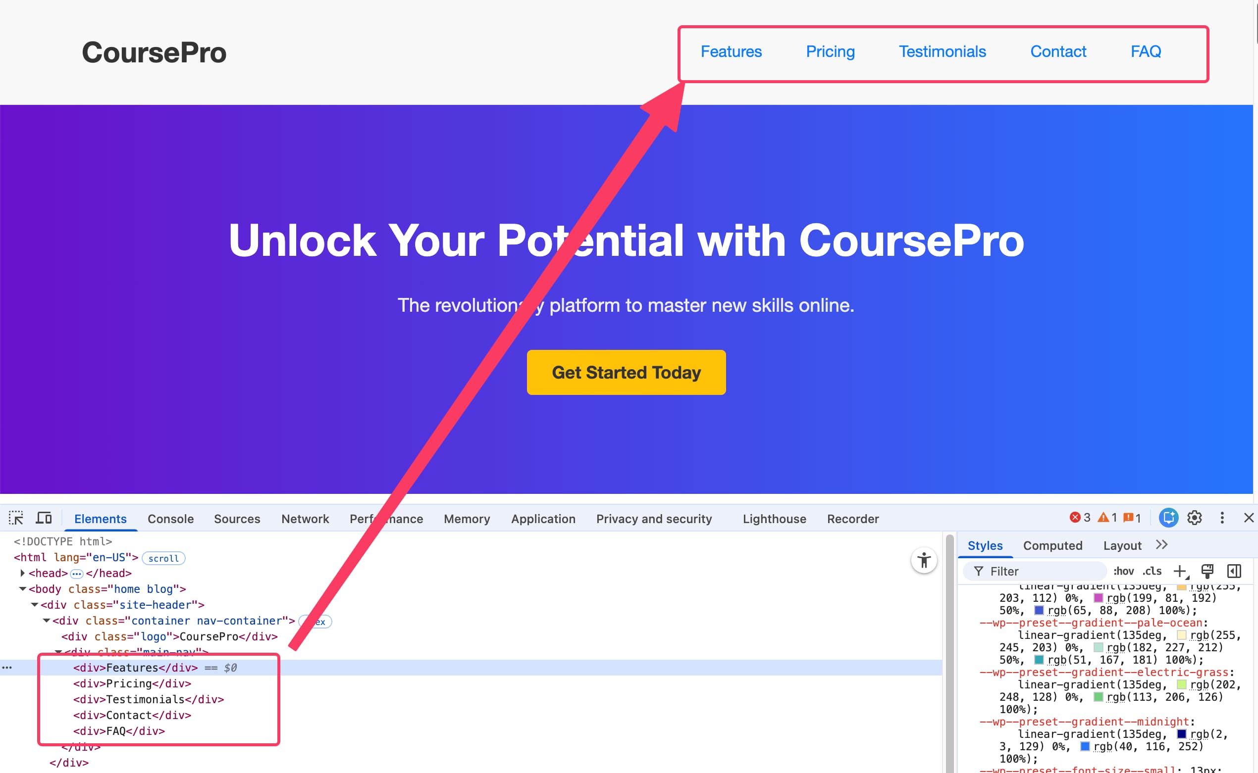 Screenshot der Website mit geöffneten Chrome DevTools, die die Hauptnavigation ohne semantische Auszeichnung zeigen.