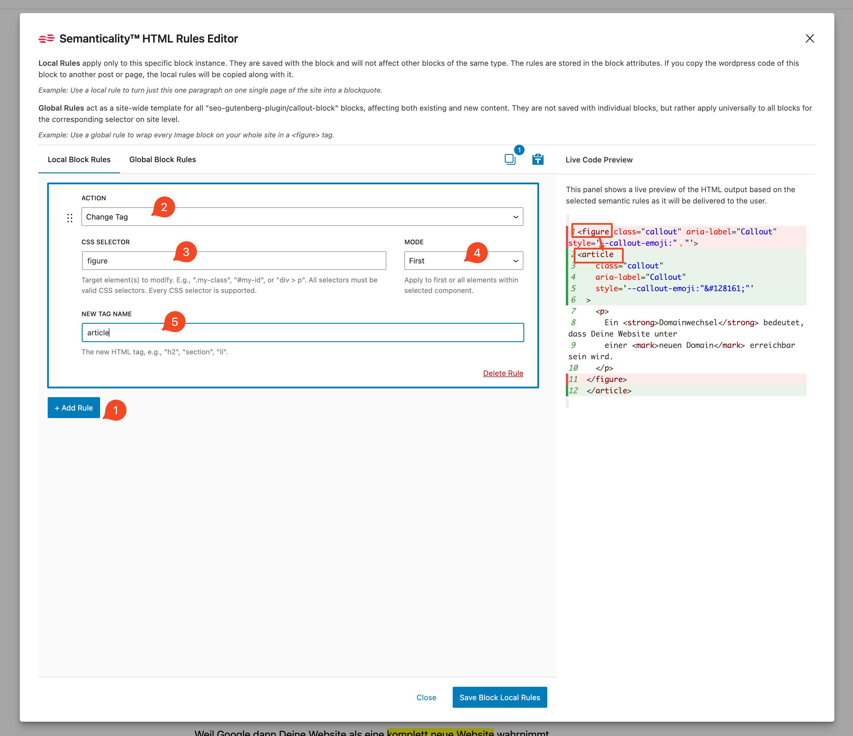 Beispiel einer Regel zum Ersetzen eines Tags in den Semanticality™ Rules