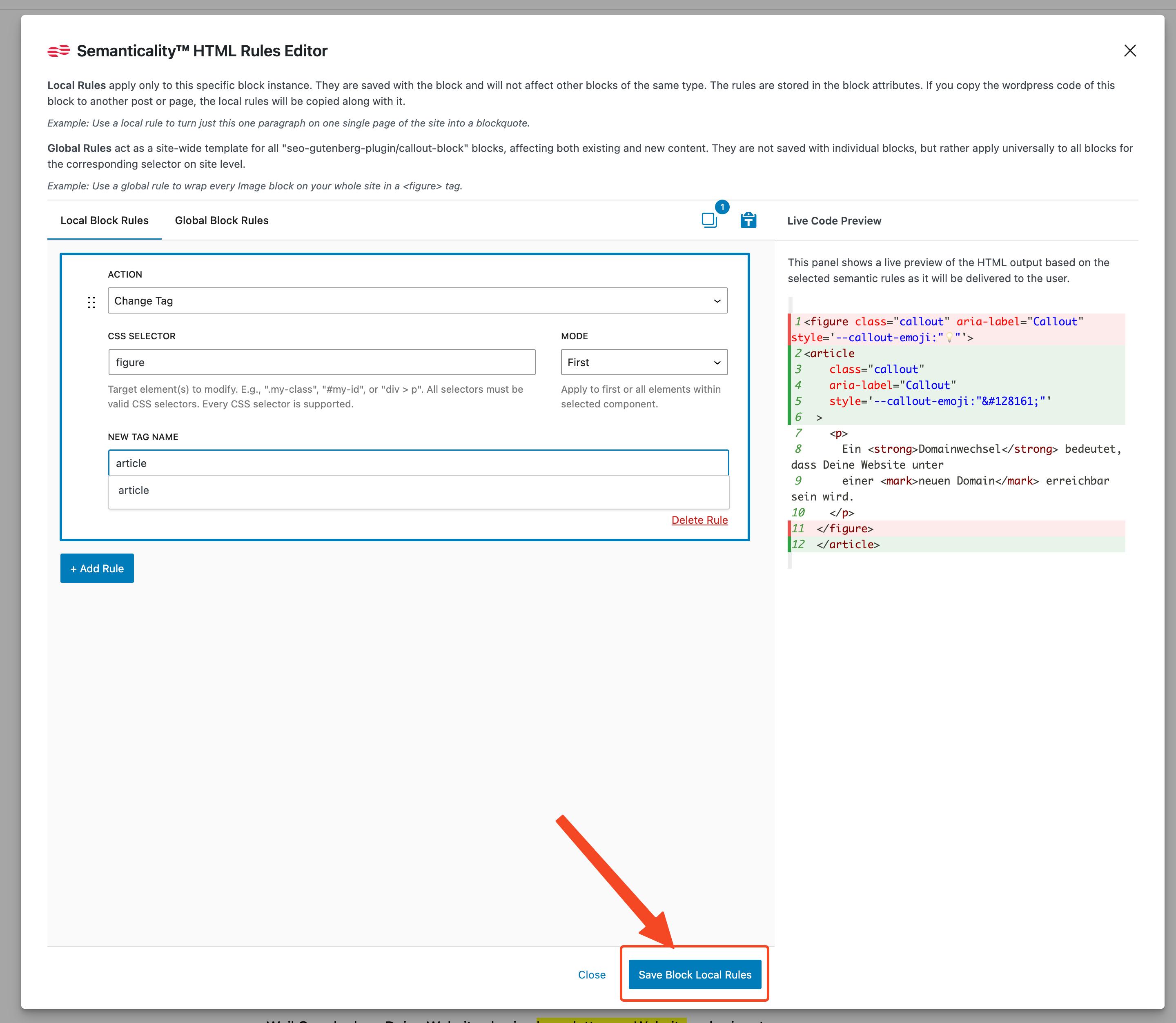 Speichern-Schaltfläche in den Semanticality™ Rules