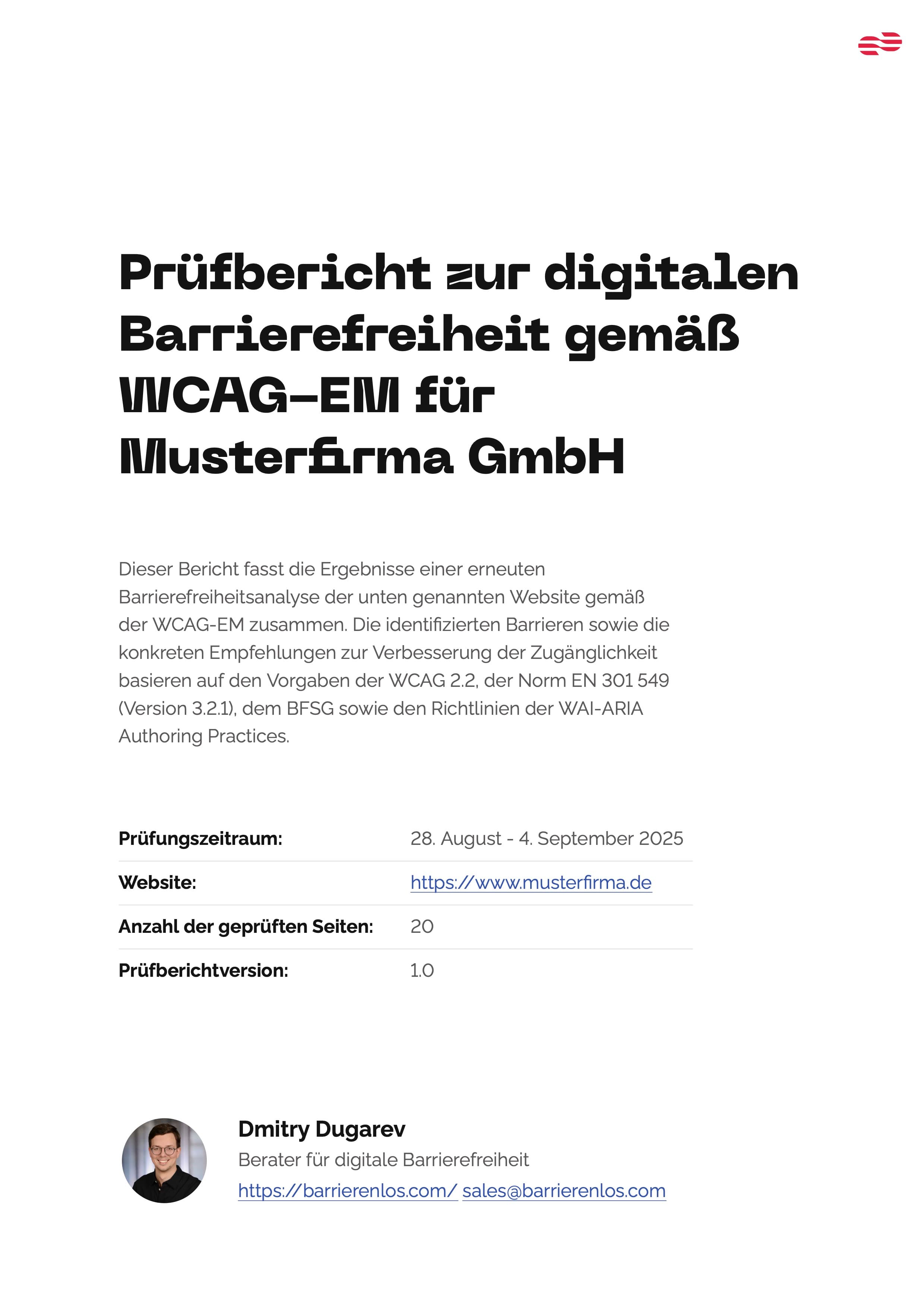 Screenshot der Cover-Seite aus einem Barrierefreiheits-Audit-Bericht