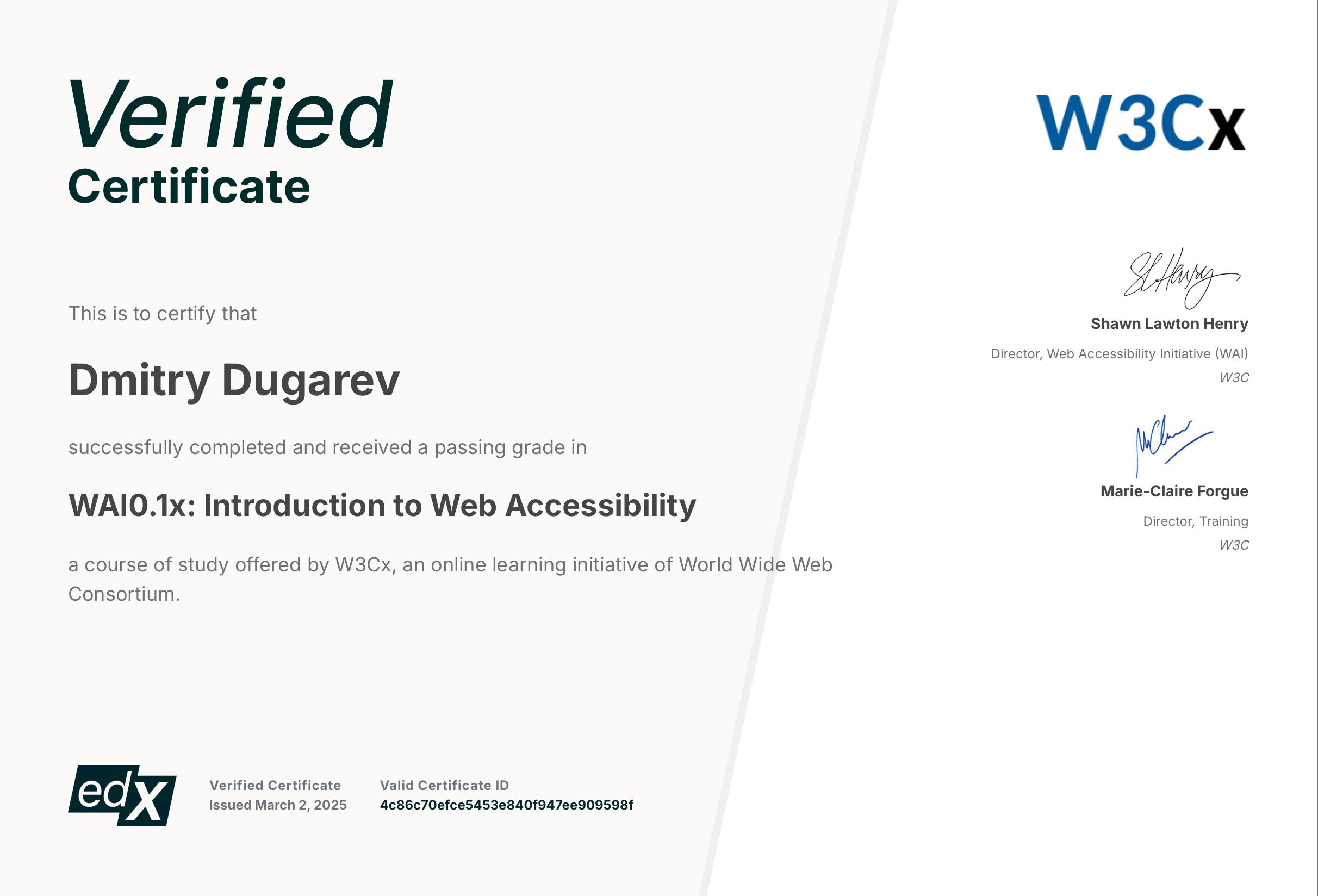 W3Cx certificate for the course 'Introduction to Web Accessibility'