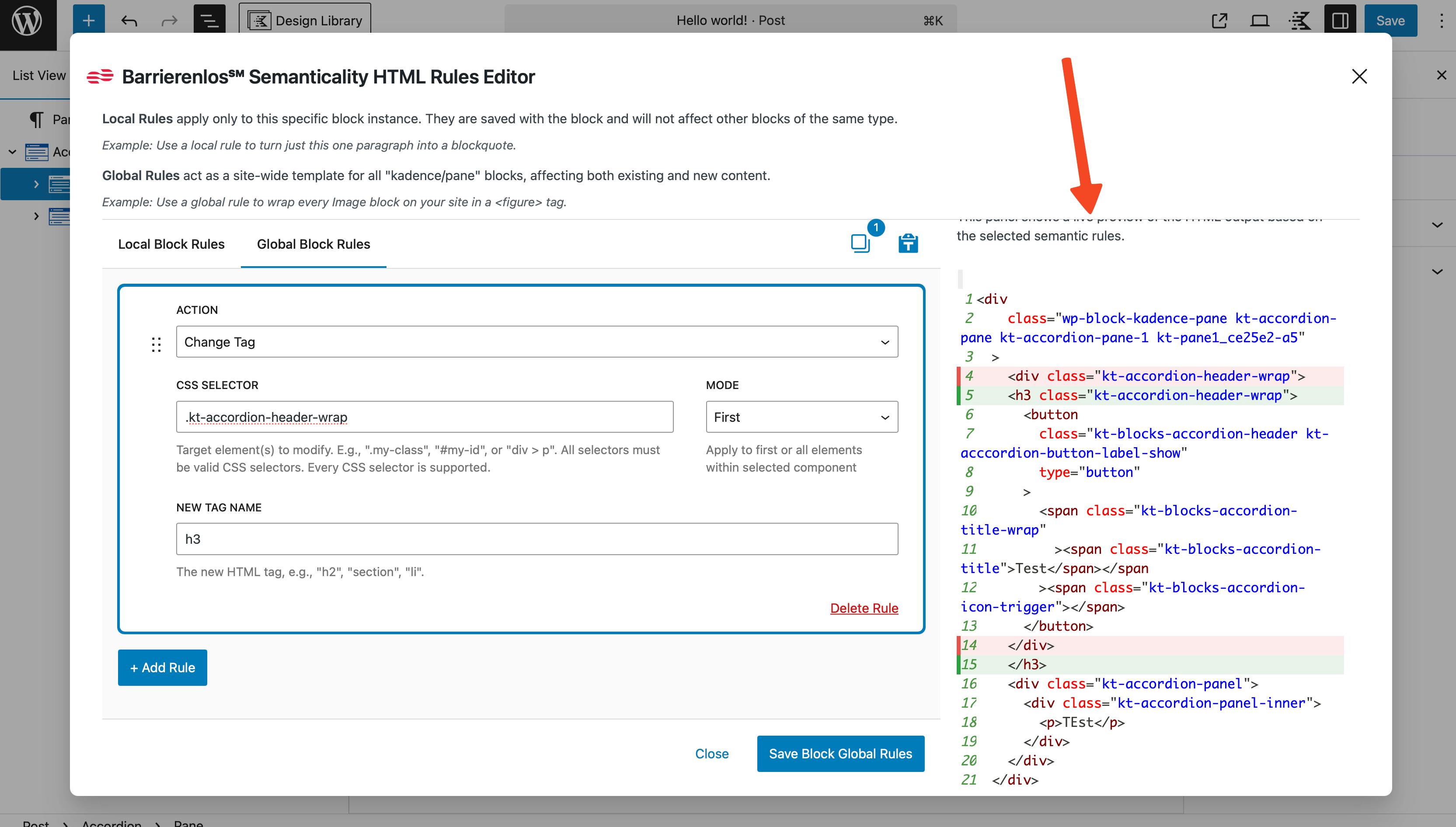 Live Code Preview panel after applying rules