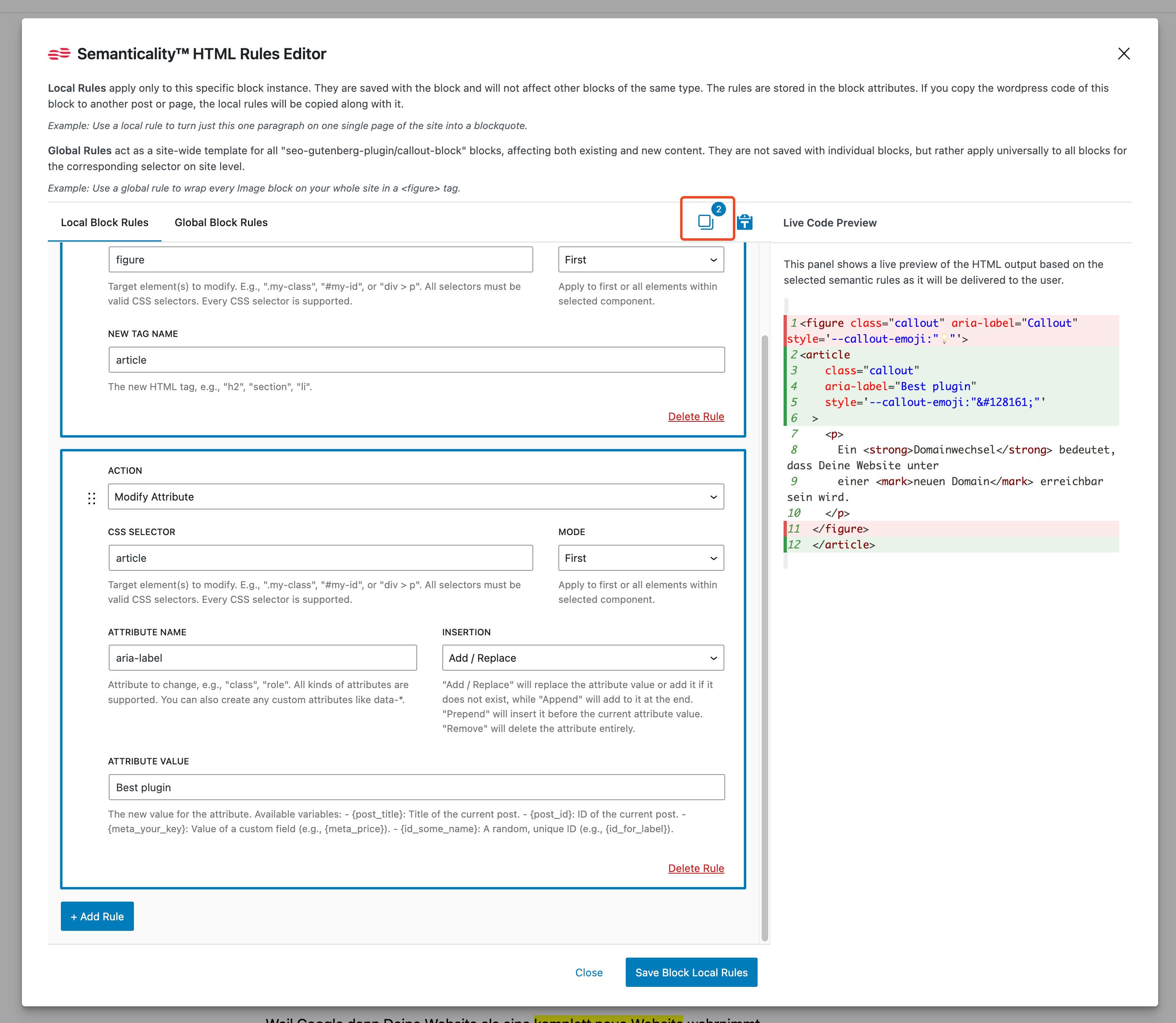 Example of selecting rules and the copy button