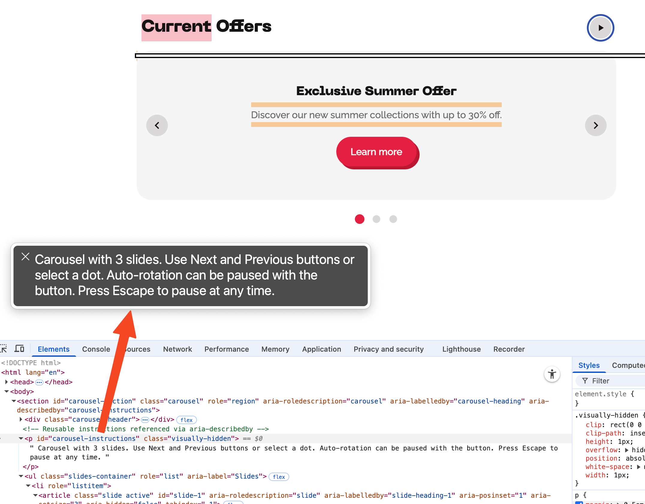 Example of a visually hidden instruction for carousel interaction being read by VoiceOver