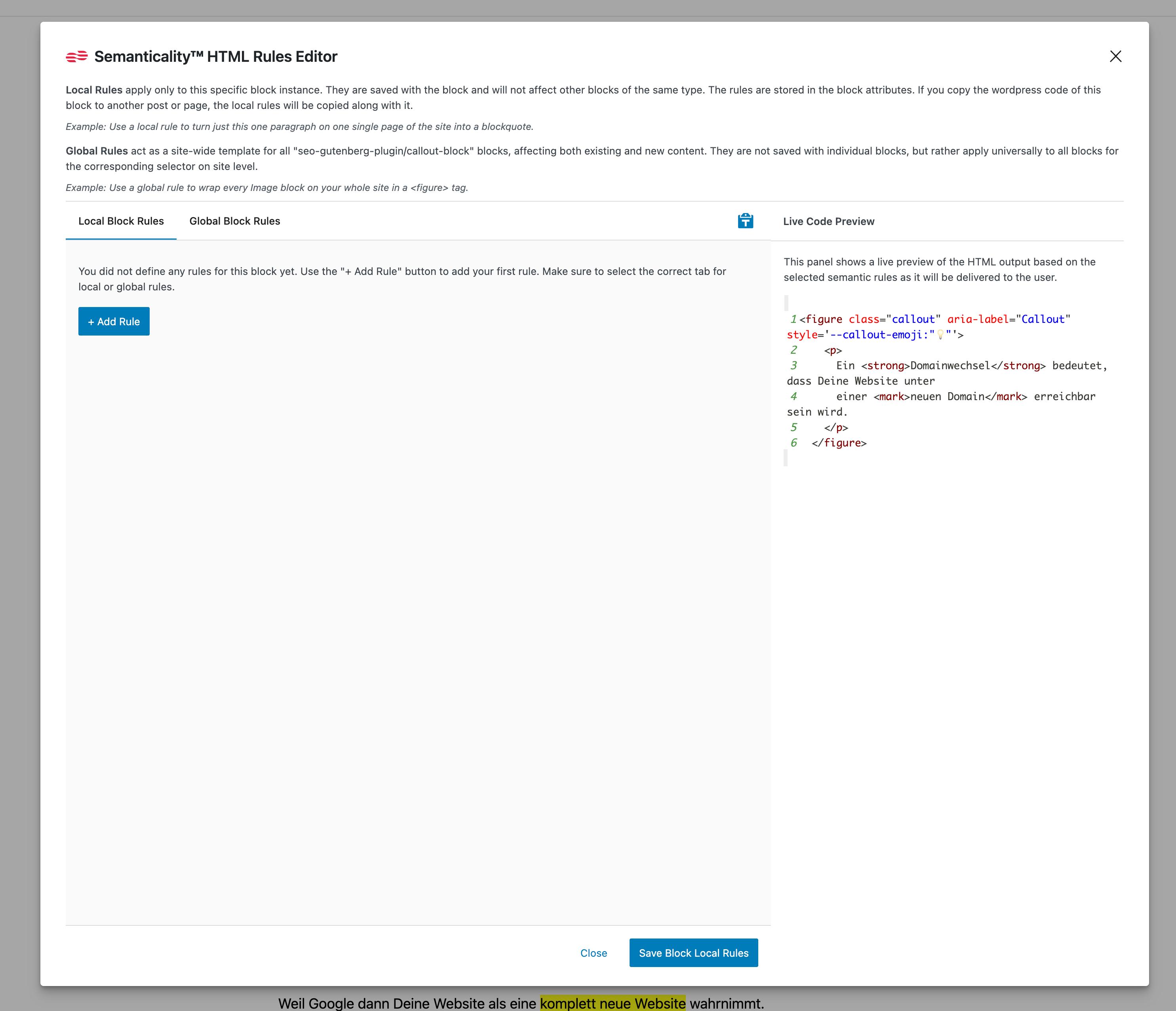 Semanticality™ Rules modal window