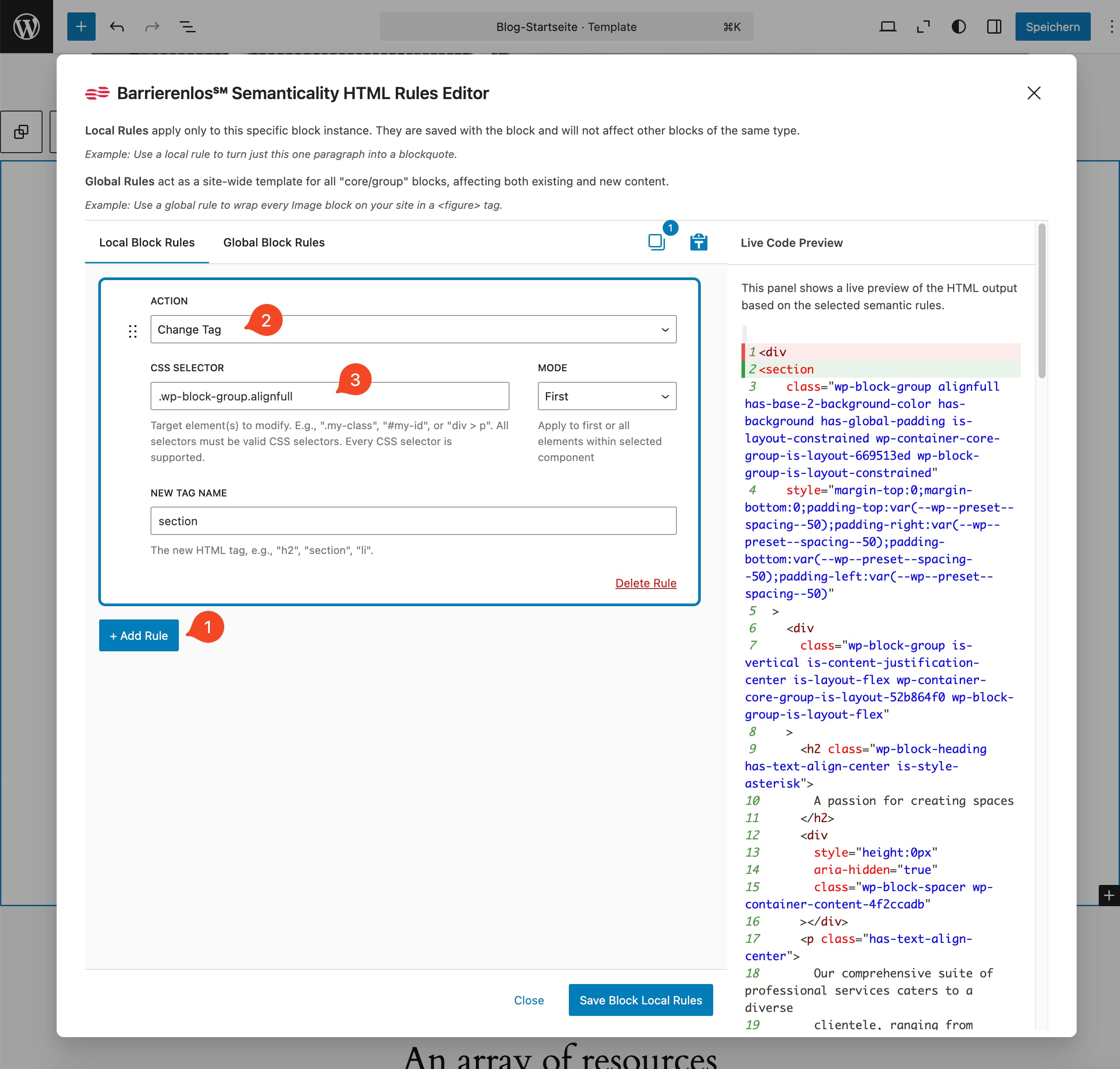 Semanticality™ Rules Editor with rule to change a div to a section