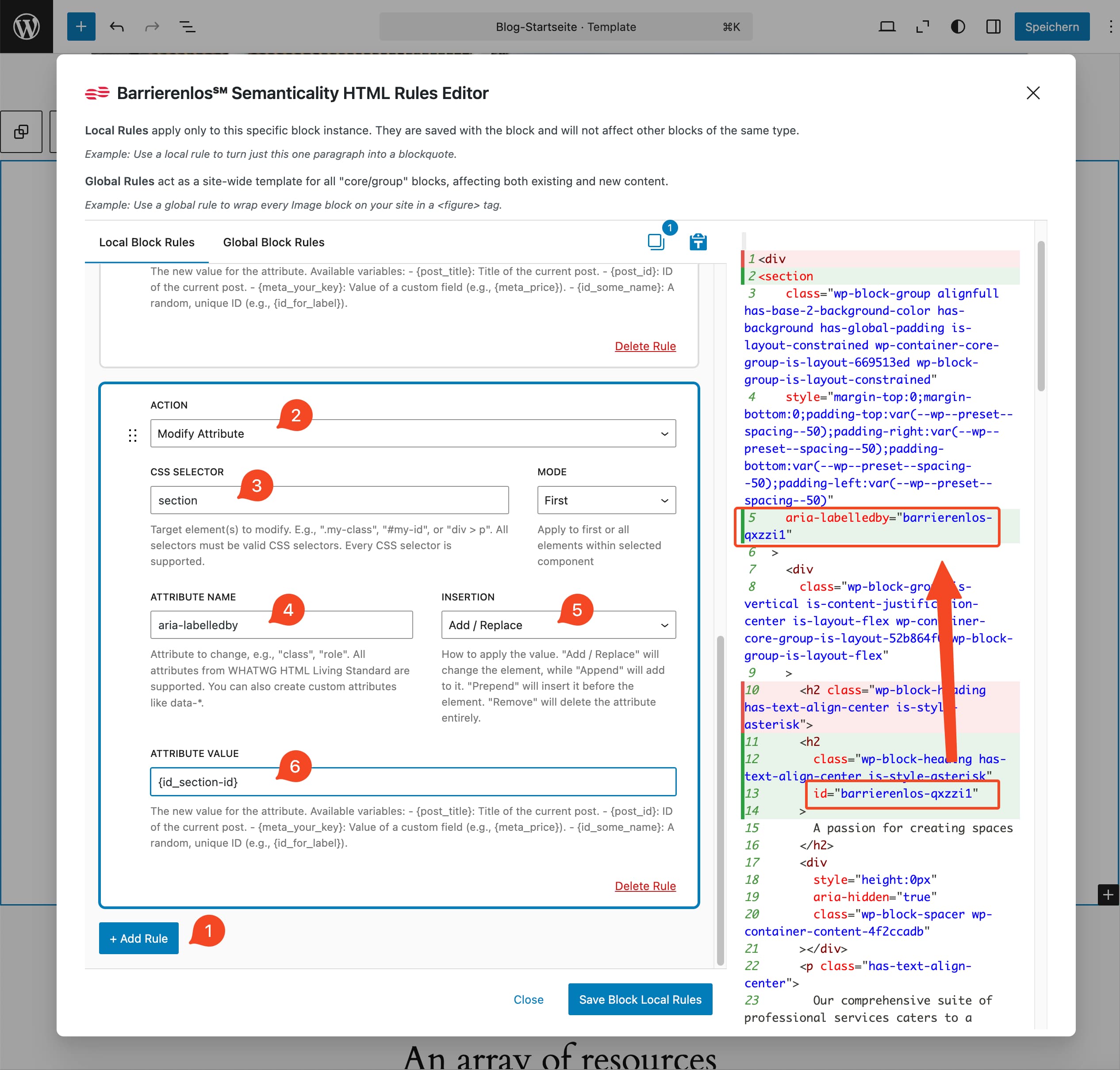 Semanticality™ Rules Editor with rule to assign an aria-labelledby attribute to a Section