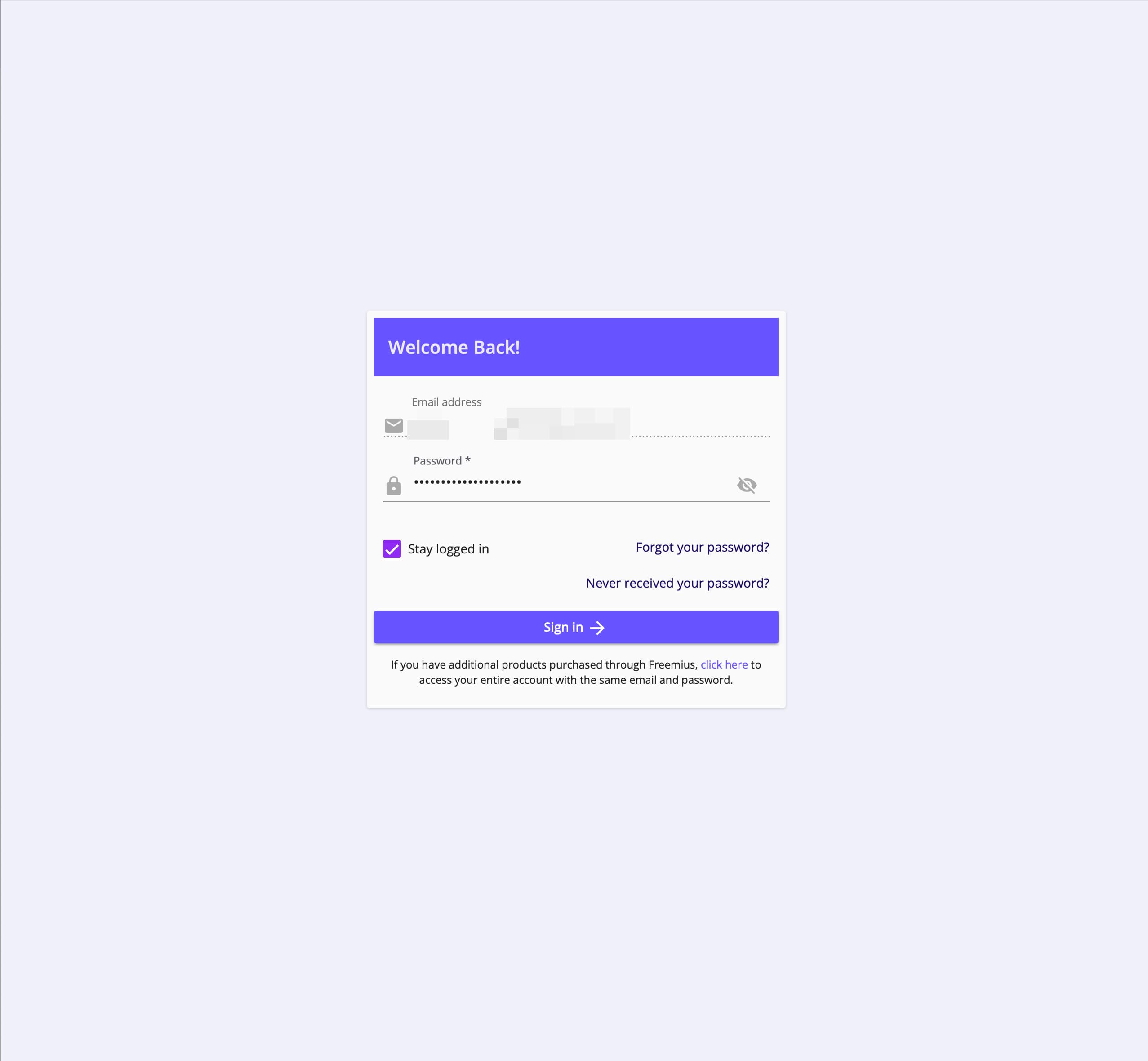 Login page for the Freemius customer portal