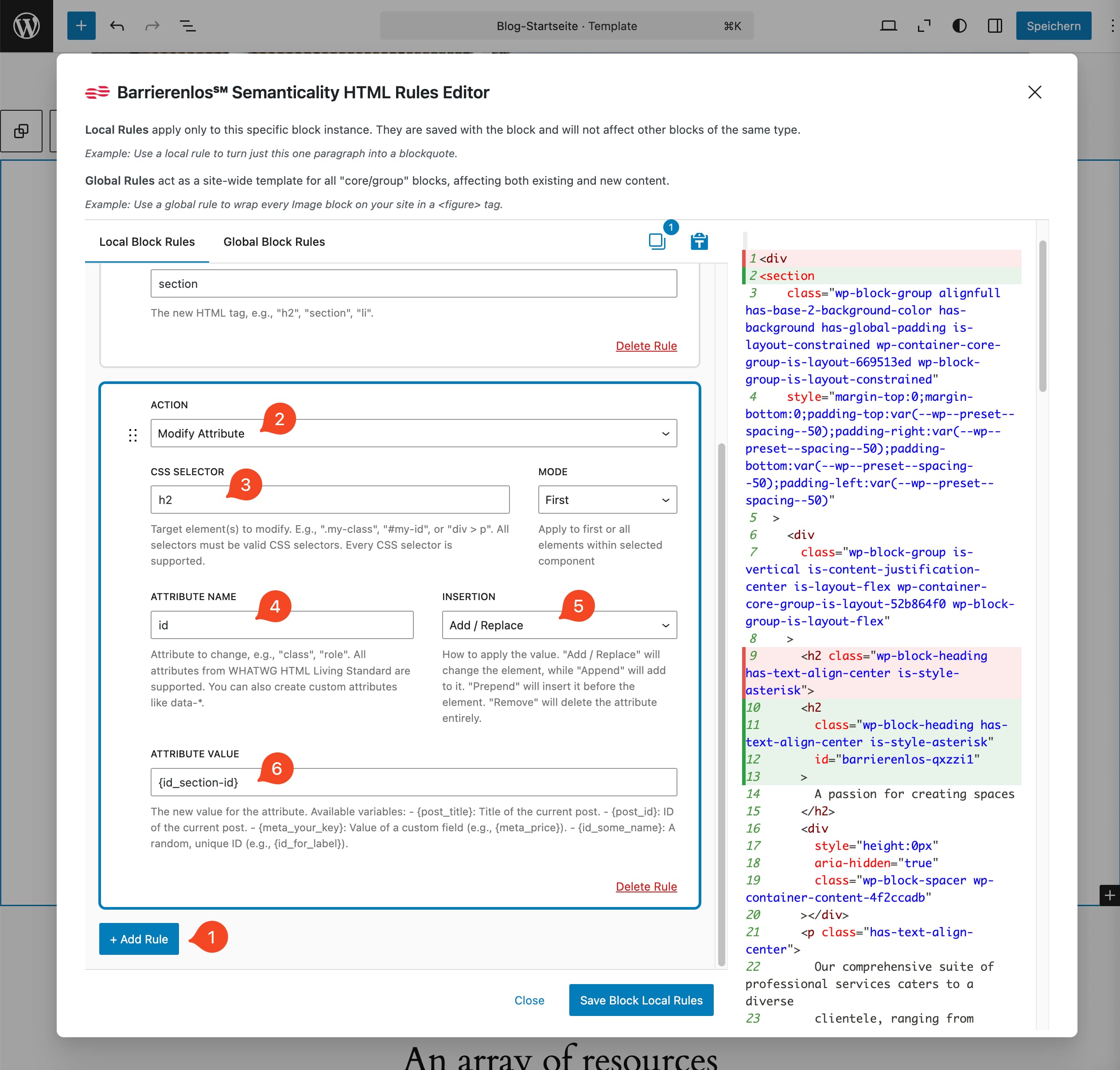 Semanticality™ Rules Editor с правилом присвоения ID заголовку