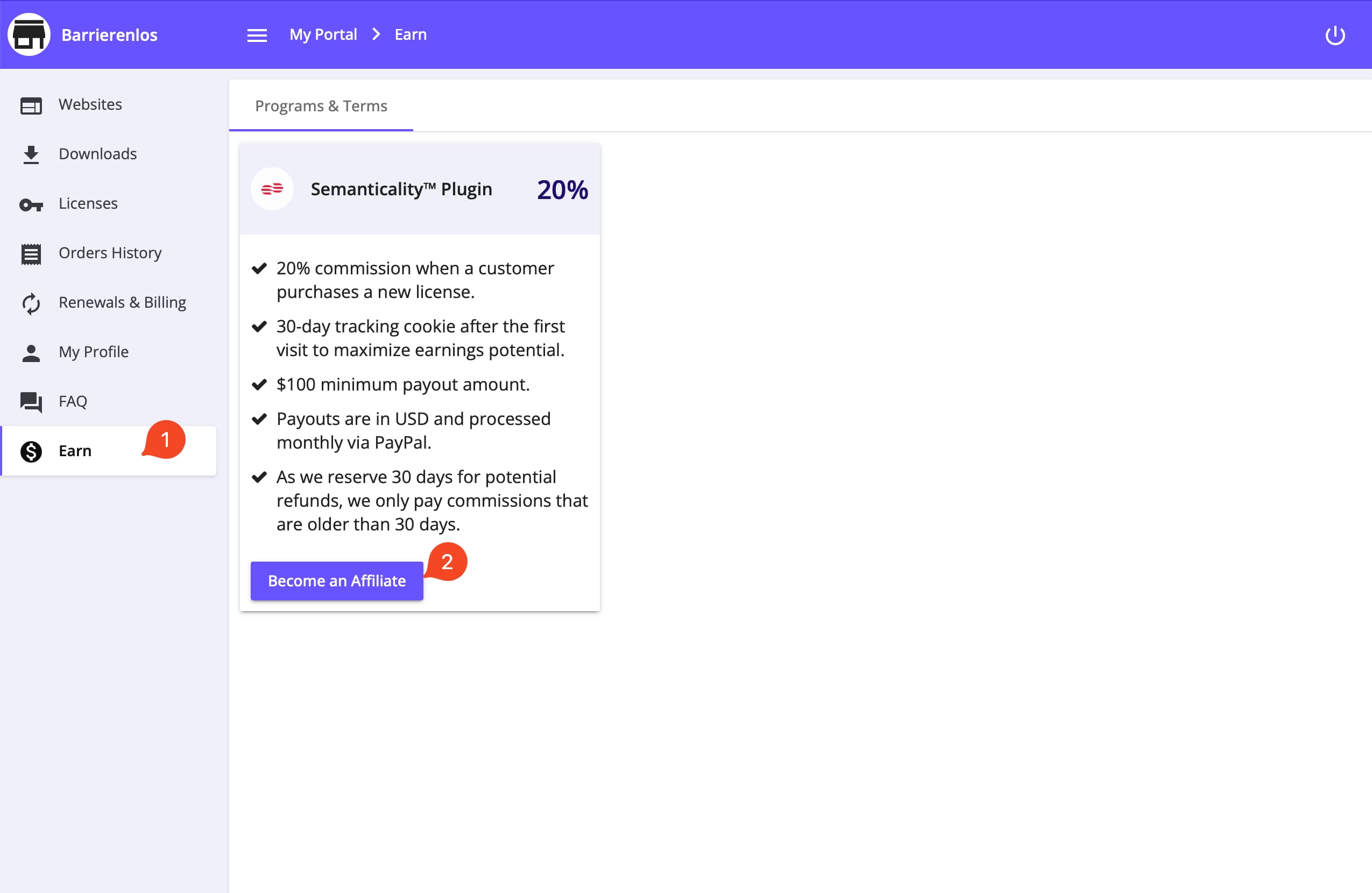 Расположение ссылки на партнерскую программу в дашборде Freemius