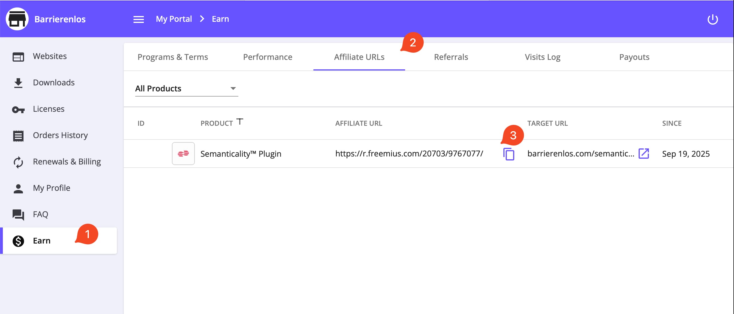 Расположение рекомендательной ссылки в партнерском дашборде Freemius
